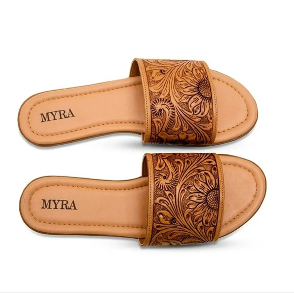 New! Myra Hand-Tooled Brown Leather Slide Sandals - Picture 2 of 9